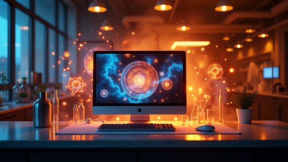 Глибоке тепле освітлення, сцена лабораторії з сучасним комп'ютером, навколо якого витають молекули, електронні хмари та абстрактні квантові формули; яскраве неонове світло в поєднанні з м’якими теплими тінями