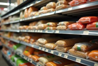 Фотореалістичне зображення продуктової полиці у супермаркеті, заповненої упакованими продуктами. Упаковки нейтральні, без видимих логотипів або написів. Колірна гамма – нейтральна, із легким акцентом на "небезпечні" продукти. Фон – розмитий, щоб зосередити увагу на деталях упаковки.
