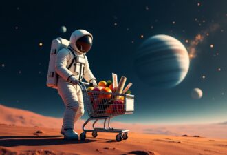 Астронавт у скафандрі стоїть на поверхні іншої планети, тримаючи візок із покупками, наповнений різними предметами. Перед ним відкривається космічний пейзаж із зорями та планетами.
