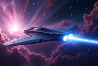 Зображення футуристичного космічного корабля, що рухається у глибокому космосі завдяки потужному плазмовому двигуну, випромінюючи блакитне світіння. Фон – туманності та далекі зірки, що підкреслюють масштабність відкриття.