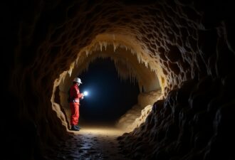 Підземний лабіринт, де дослідник у спеціальному спорядженні з ліхтарем повільно рухається через вузькі проходи, освітлюючи величні сталактити, сталагміти та вологі кам’яні стіни, вкриті блискучими мінералами.