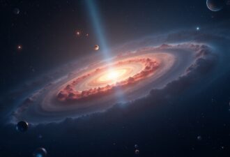 Космос, зірки та галактики. Далека туманність, оточена яскравими зорями, у центрі якої розташований таємничий світловий промінь, що символізує вимірювання відстаней у Всесвіті. У кадрі можна побачити наукові інструменти: телескопи, лазери, діаграми та формули, що ширяють у космічному просторі. Атмосфера величності та загадковості Всесвіту.
