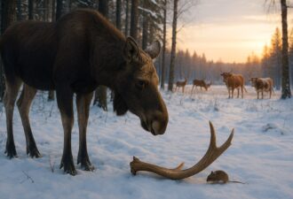 У засніженому зимовому лісі стоїть великий лось, який щойно скинув роги — одне з них лежить поруч на снігу. Поруч із рогом — мишеня, що обнюхує його. У далекому фоні — пасовище з антилопами та коровами з масивними рогами, освітлене променями заходу сонця.