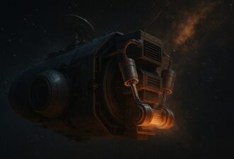 Футуристичний космічний корабель із масивними двигунами та антенами летить крізь темний космос, освітлений світлом далеких зірок і туманності. Його корпус виглядає важким і промисловим, з численними технічними деталями та підсвіткою, що створює враження потужності й наукової фантастики.