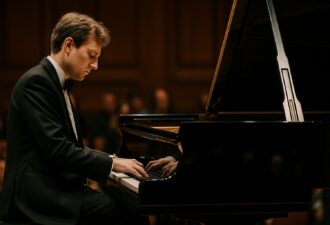 Піаніст у смокінгу грає на роялі на концертній сцені. Він зосереджений і схилений над клавішами, навколо — приглушене освітлення, у фоні видно розмиту аудиторію слухачів.