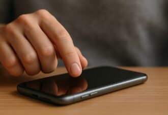 Рука натискає пальцем на екран смартфона, що лежить на дерев’яній поверхні.