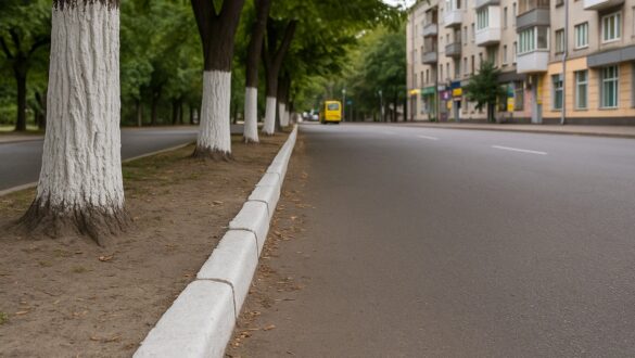 Порожня міська вулиця з пофарбованими білим стовбурами дерев уздовж дороги, зліва зелена алея, справа — житлові будинки, у далечині жовта маршрутка.