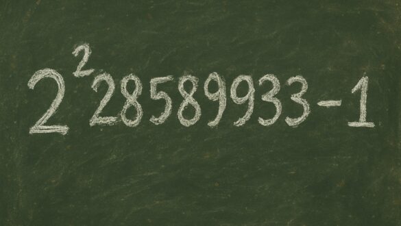 Математичний вираз на шкільній дошці: 2 у степені 82 589 933 мінус 1 — найбільше відоме просте число Мерсенна, записане білою крейдою.
