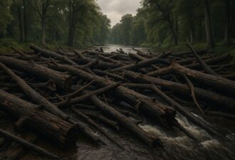 Велика кількість повалених дерев, що перегороджують річку в лісі під похмурим небом.