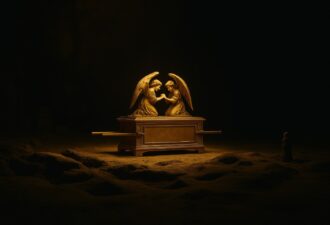 Освітлений золотистим світлом Ковчег Заповіту зі скульптурами двох ангелів, що схиляються одне до одного, стоїть посеред темної печери на нерівній піщаній поверхні.
