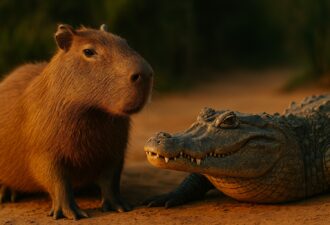 Капібара стоїть поруч із кайманом на землі в теплих променях сонця серед тропічного пейзажу
