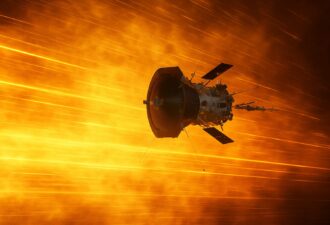 Зонд Parker Solar Probe пролітає крізь сонячну корону зі слідами плазми, що летить повз нього, створюючи ефект блискавичної швидкості.