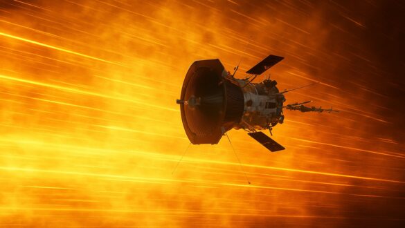 Зонд Parker Solar Probe пролітає крізь сонячну корону зі слідами плазми, що летить повз нього, створюючи ефект блискавичної швидкості.