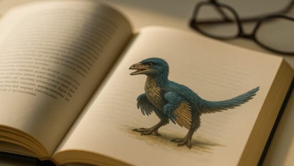 Ретельно промальований пухнастий динозавр Microraptor з синьо-бежевим пір’ям зображений на сторінці книги, тоді як текст навколо нього розмитий, а вся сцена освітлена м’яким денним світлом.