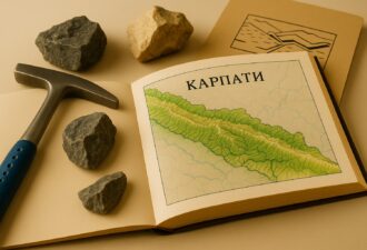 Геологічний молоток, камені та книга з картою Карпат лежать на столі, де чітко видно межу між сторінкою книги й поверхнею, завдяки зміненому тону паперу.
