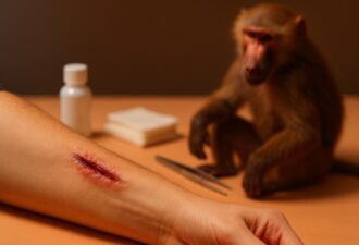 Пошкоджена рука людини з глибокою раною на передпліччі на фоні медичних інструментів та павіана, який спостерігає за процесом лікування, при м’якому теплому освітленні.