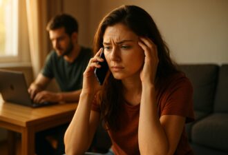 Молода жінка із занепокоєним виразом обличчя тримає смартфон біля вуха, сидячи на дивані у світлі теплого сонячного променя; на задньому плані розмитий чоловік працює за ноутбуком.
