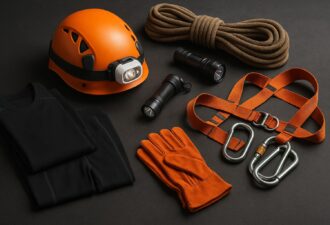 Комплект спорядження для спелеології на темному фоні: шолом із ліхтариком, мотузка, термобілизна, рукавички, страхувальна система та ліхтарі.