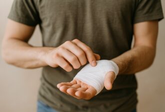 Чоловік у зеленій футболці тримає забинтовану кисть лівої руки, крупний план на перев’язку та пальці