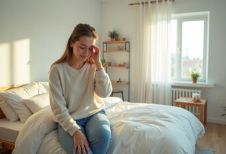 Молода жінка у світлому светрі й джинсах сидить на краю білого ліжка у світлій спальні, притримуючи рукою голову й виглядаючи замисленою; у кімнаті світло, на полиці стоять кімнатні рослини, а у вікно видно місто.