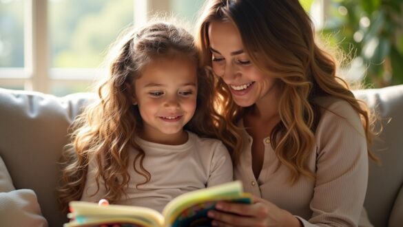 Усміхнена мама читає яскраву дитячу книжку разом зі своєю донькою на дивані біля вікна у світлій кімнаті.