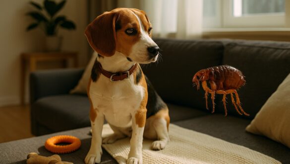 Бігль сидить на сірому дивані у вітальні з м’яким сонячним освітленням, уважно дивлячись на велику блоху поруч, на передньому плані видно іграшки собаки.