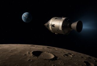 Цифрова 3D-ілюстрація космічного корабля Apollo, що летить над поверхнею Місяця; на тлі видно Землю, сцена реалістична, з деталізованими кратерами та глибоким зоряним небом.