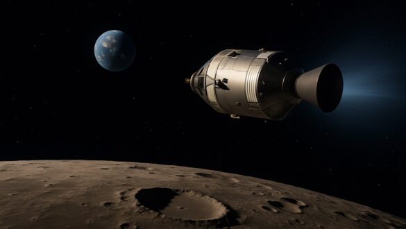 Цифрова 3D-ілюстрація космічного корабля Apollo, що летить над поверхнею Місяця; на тлі видно Землю, сцена реалістична, з деталізованими кратерами та глибоким зоряним небом.