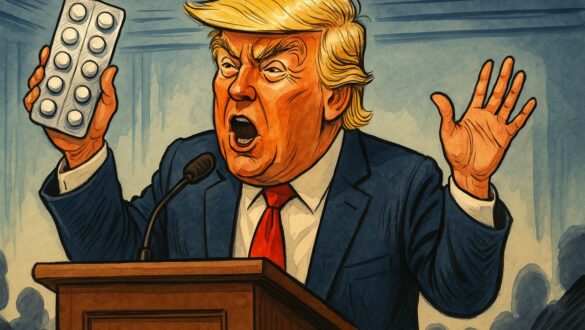 Трамп на трибуні з блістером пігулок, карикатура
