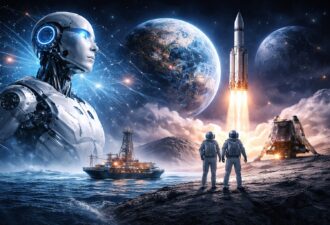 Мінімалістична кінематографічна горизонтальна обкладинка у футуристичному стилі — великий силует Місяця на темному небі, одна ракета на орбіті та абстрактна світна лінія, що символізує розвиток науки й технологій, без тексту та логотипів