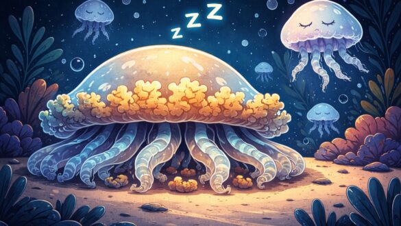 Горизонтальна кінематографічна ілюстрація медузи Cassiopea andromeda, що спокійно пульсує у темній воді, м’яке світіння навколо тіла символізує сон і роботу нейронної мережі, науково-популярний стиль, без тексту та логотипів