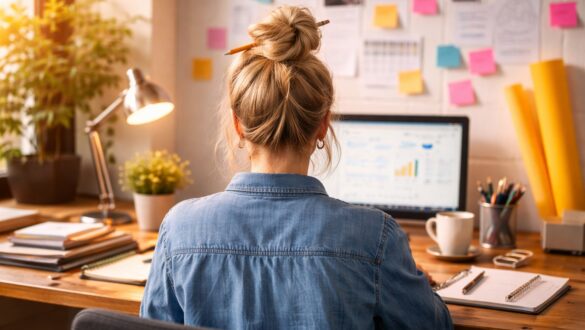 Дівчина сидить за робочим столом у світлому офісі, знята зі спини, перед нею ноутбук і стіна з нотатками та стікерами, атмосфера повернення до роботи після свят, м’яке денне освітлення.