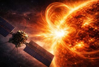 Сонячний спалах на поверхні Сонця, зафіксований космічним зондом Solar Orbiter, з яскравими потоками плазми та магнітними структурами в космічному просторі, горизонтальне наукове зображення без тексту.