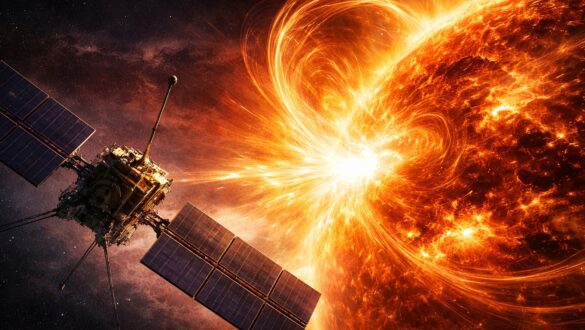 Сонячний спалах на поверхні Сонця, зафіксований космічним зондом Solar Orbiter, з яскравими потоками плазми та магнітними структурами в космічному просторі, горизонтальне наукове зображення без тексту.