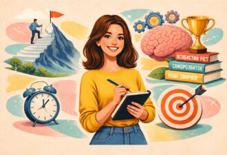 Колажна ілюстрація в сучасному editorial-стилі: усміхнена дівчина з блокнотом у центрі, навколо — гора з людиною на вершині, мішень зі стрілою, стопка книг з українськими написами, кубок, мозок і будильник на пастельному фоні з паперовою текстурою.