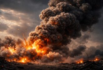 Гігантський стовп густого диму та вогню підіймається після потужного вибуху на затемненому горизонті, кінематографічна горизонтальна сцена з драматичним освітленням.