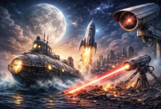 Фантастичні винаходи з книг, підводний човен, ракета, лазер і камери спостереження, ілюстрація на тему наукової фантастики.