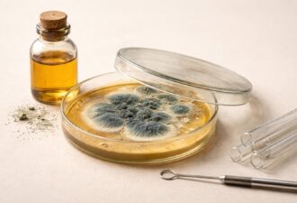 Чашка Петрі з пліснявою Penicillium, поруч лабораторні пробірки та флакон на світлому фоні.