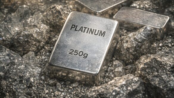 Злиток платини 250 г серед гірської породи, видобуток та цінність платини як дорогоцінного металу.