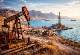 Нафтова платформа та качалки на узбережжі Перської затоки, вид на море й гори на заході сонця.