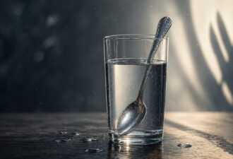 Склянка з чистою водою і срібною ложкою всередині стоїть на столі, м’яке світло падає збоку, на фоні темна стіна з розмитими тінями і краплями води