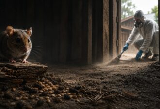 Миша в запиленому сараї, поки людина в захисному костюмі прибирає приміщення на задньому плані