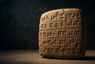 Стародавня кам’яна табличка з клинописом на темному фоні з розмитими математичними схемами позаду