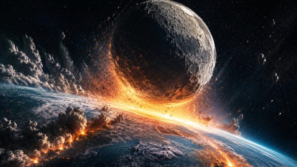 Гігантський Місяць стрімко наближається до Землі, освітлюючи космос яскравим спалахом. На поверхні планети вже видно розломи, виверження та хмари пилу, що символізують руйнівні наслідки гіпотетичного зіткнення. Концептуальна науково-популярна ілюстрація про можливі наслідки падіння Місяця на Землю.