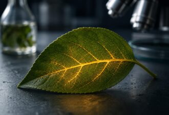Зелений листок на темній лабораторній поверхні з підсвіченою мережею жилок. Концептуальна фотореалістична ілюстрація, що символізує внутрішні механізми регуляції азоту в рослинах, роботу білка HHO5 та сучасні дослідження живлення рослин.
