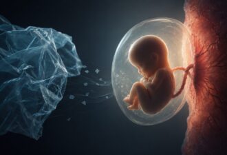 Концептуальна фотореалістична ілюстрація плода в утробі матері поруч із плацентою, до якої наближаються поодинокі частинки мікропластику. Мінімалістична наукова сцена, що символізує дослідження проникнення мікро- та нанопластику через плацентарний бар’єр і його можливого впливу на гормональний баланс під час вагітності.