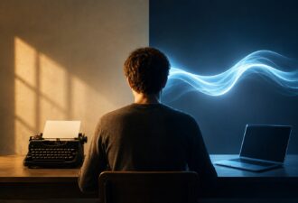 Людина сидить між друкарською машинкою та ноутбуком у мінімалістичному просторі, де тепле світло творчості плавно переходить у холодне цифрове середовище, символізуючи протиставлення людського письма та штучного інтелекту.