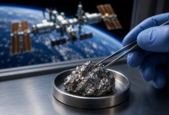 Металевий зразок нової інтерметалічної сполуки лежить у лабораторній металевій чашці, а рука в синій рукавичці утримує його пінцетом. На задньому плані крізь ілюмінатор видно Землю та розмиту космічну станцію, що символізує експеримент у мікрогравітації, який привів до відкриття нової фази Cu₂₀Bi₉