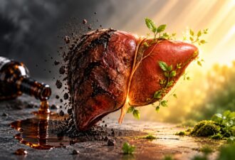 Концептуальна фотореалістична ілюстрація, що символізує вплив алкоголю на печінку. Ліва половина органа темна, потріскана й руйнується на уламки поруч із розлитим алкоголем, тоді як права залишається здоровою, освітленою теплим сонячним світлом та оповитою зеленими пагонами. Контрастна композиція підкреслює боротьбу між ушкодженням і природною здатністю печінки до відновлення.
