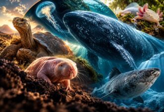 Фотореалістична композиція з довгоживучими тваринами: гренландський кит у морі, гренландська акула під водою, велетенська черепаха на суходолі та голий землекоп на передньому плані. У верхній частині композиції також видно аксолотля й медузу. Контраст наземного й підводного світів підкреслює різноманітність природних механізмів довголіття.